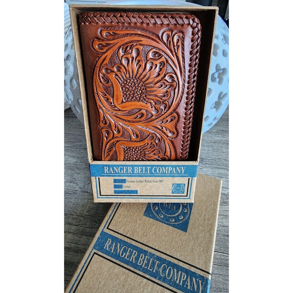 Western  Leather Bi-fold Rodeo Wallet Floral Tooled Ranger Cordovan Stitch Edge - Picture 8 of 9